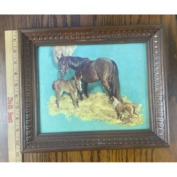 Vtg E Brown Signed Lithograph Horse Foal & Collie Dogs Wood Carved Frame # 361 - Picture 7 of 9